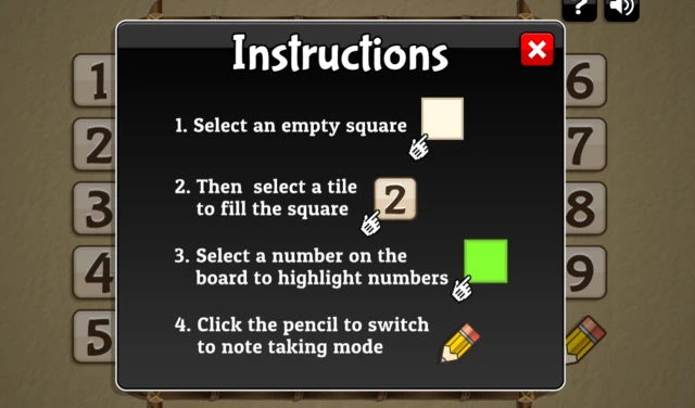 247 Sudoku game instructions overlay